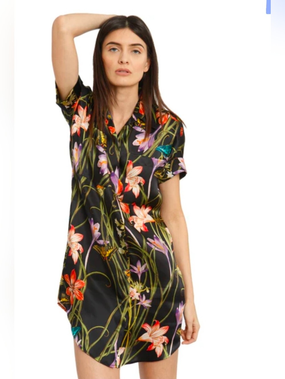 Black Floral Satin Mini Dress with Button Front